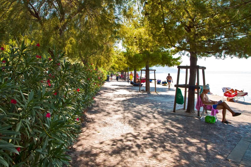 Barcola Beach promenade in Trieste. A cobbled walkway with trees shading it and people walking on one edge near the sea.