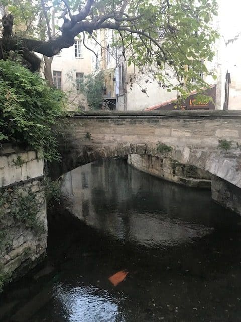 Small canal with ancient bridge and dark water in the old city center of Avignon.